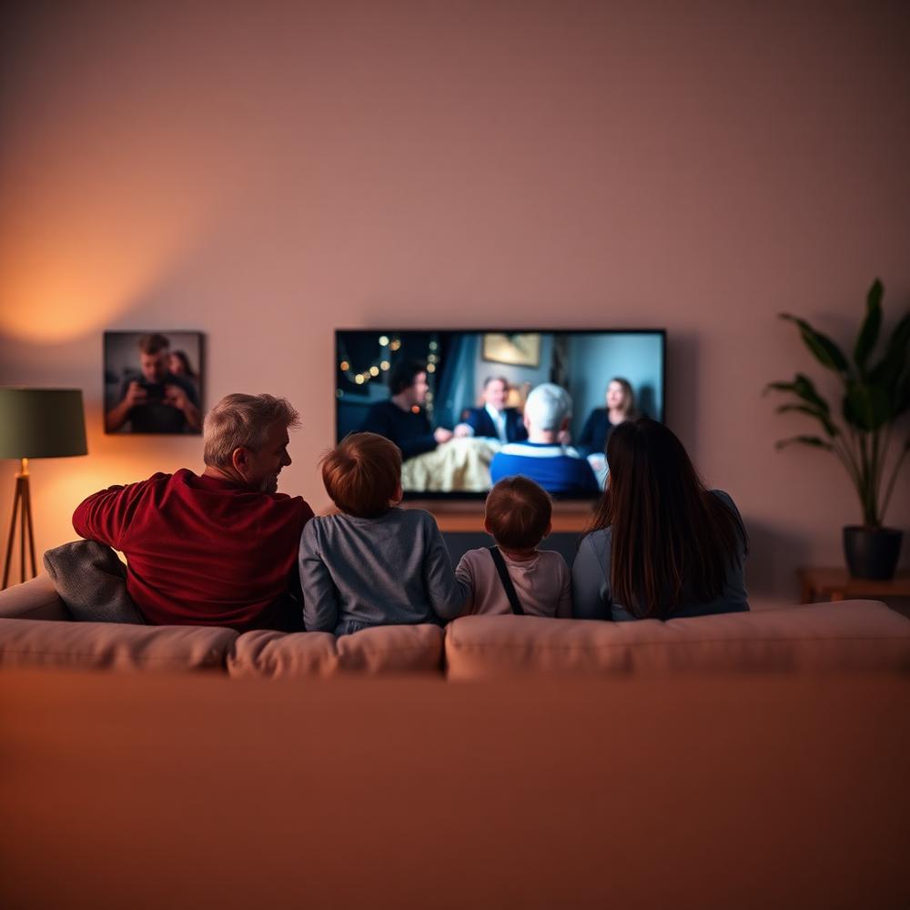 Família assistindo televisão na sala