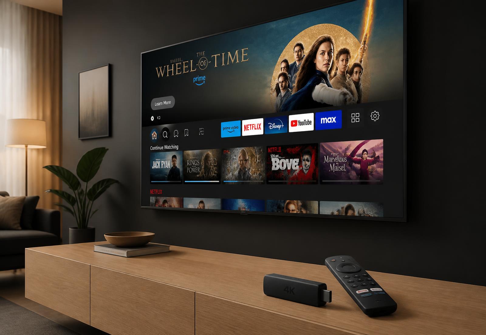 Fire TV Stick ligado em uma TV moderna em uma sala elegante